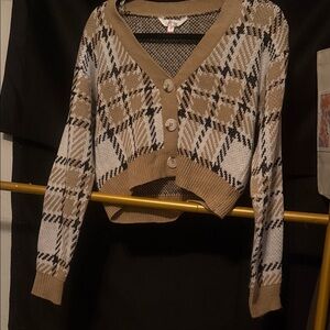 No Boundaries Plaid Button-Up Sweater - Tan and White